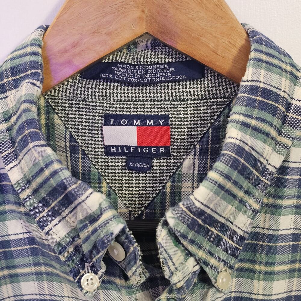 VINTAGE Tommy Hilfiger Plaid Denim Shirt Men XL Crest Logo Long Sleeve 90s Y2K